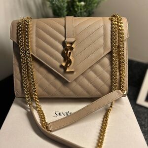 Saint Laurent Tan Quilted Shoulder Bag with Gold Chain